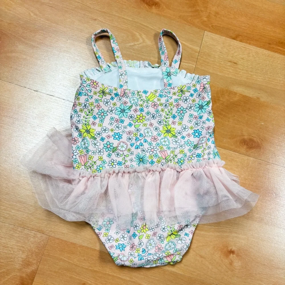 Circo Light Pink & Turquoise Floral Tutu One Piece Swimsuit Toddler Size 18M